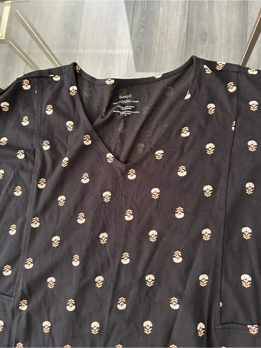 Men's Black V-Neck Shirt with Cream Floral Print